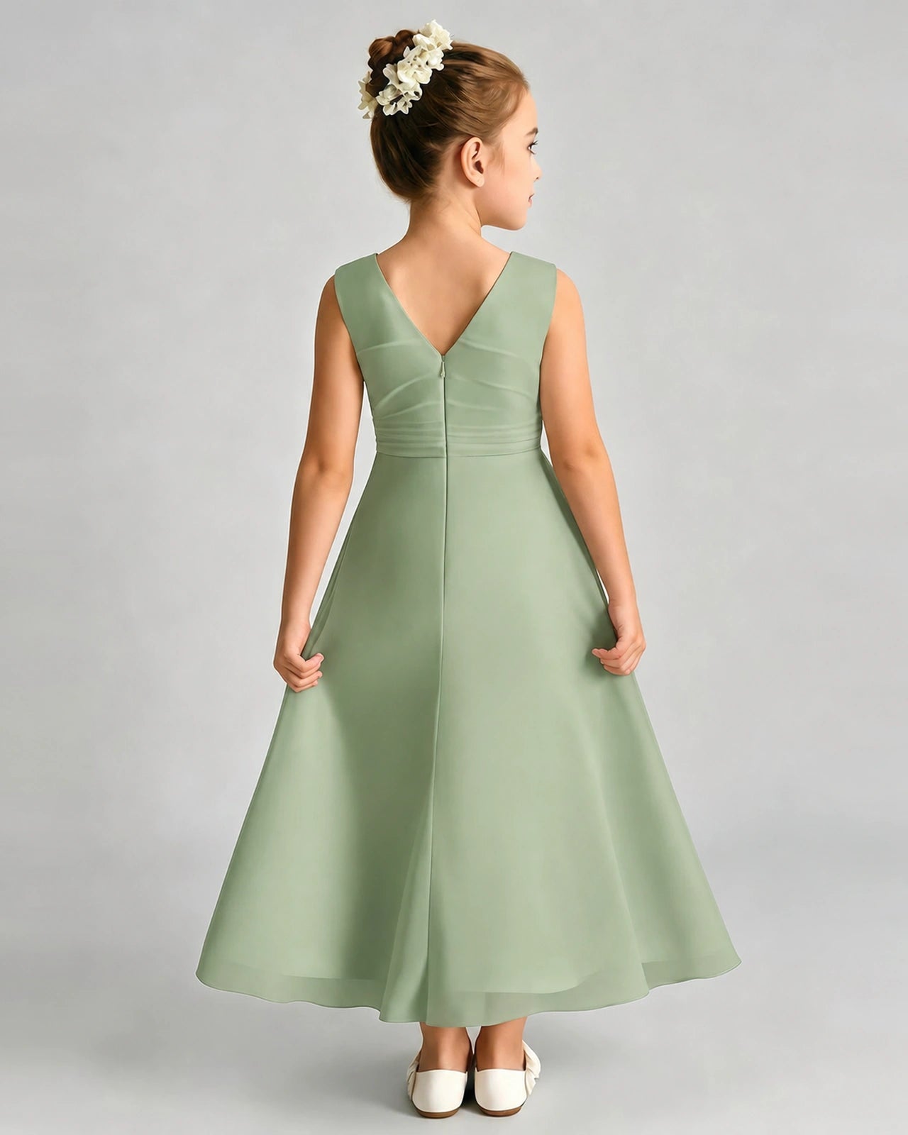 Sage Green Junior Bridesmaid Dress Asymmetric Drape V-Back Chiffon Midi Dress Back View