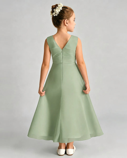 Sage Green Chiffon A-line Junior Bridesmaid Dress Back View