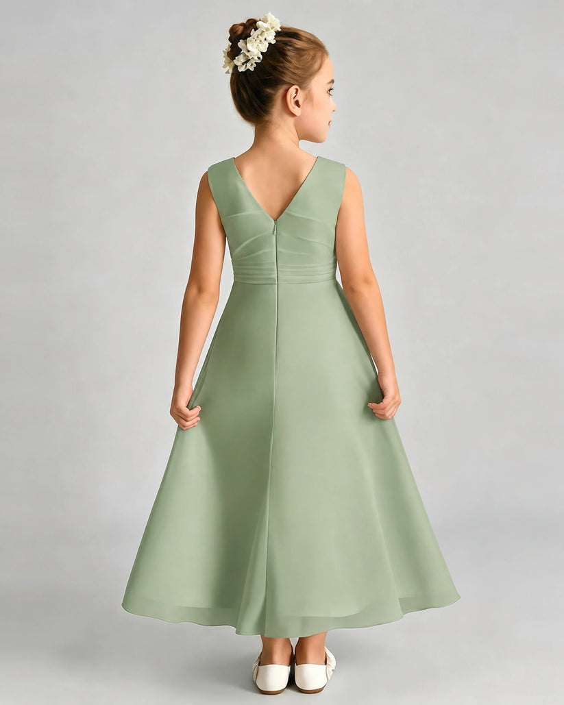 Sage Green Chiffon A-line Junior Bridesmaid Dress Back View