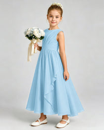 Sky Blue Junior Bridesmaid Dress Asymmetric Drape V-Back Chiffon Midi Dress Front View