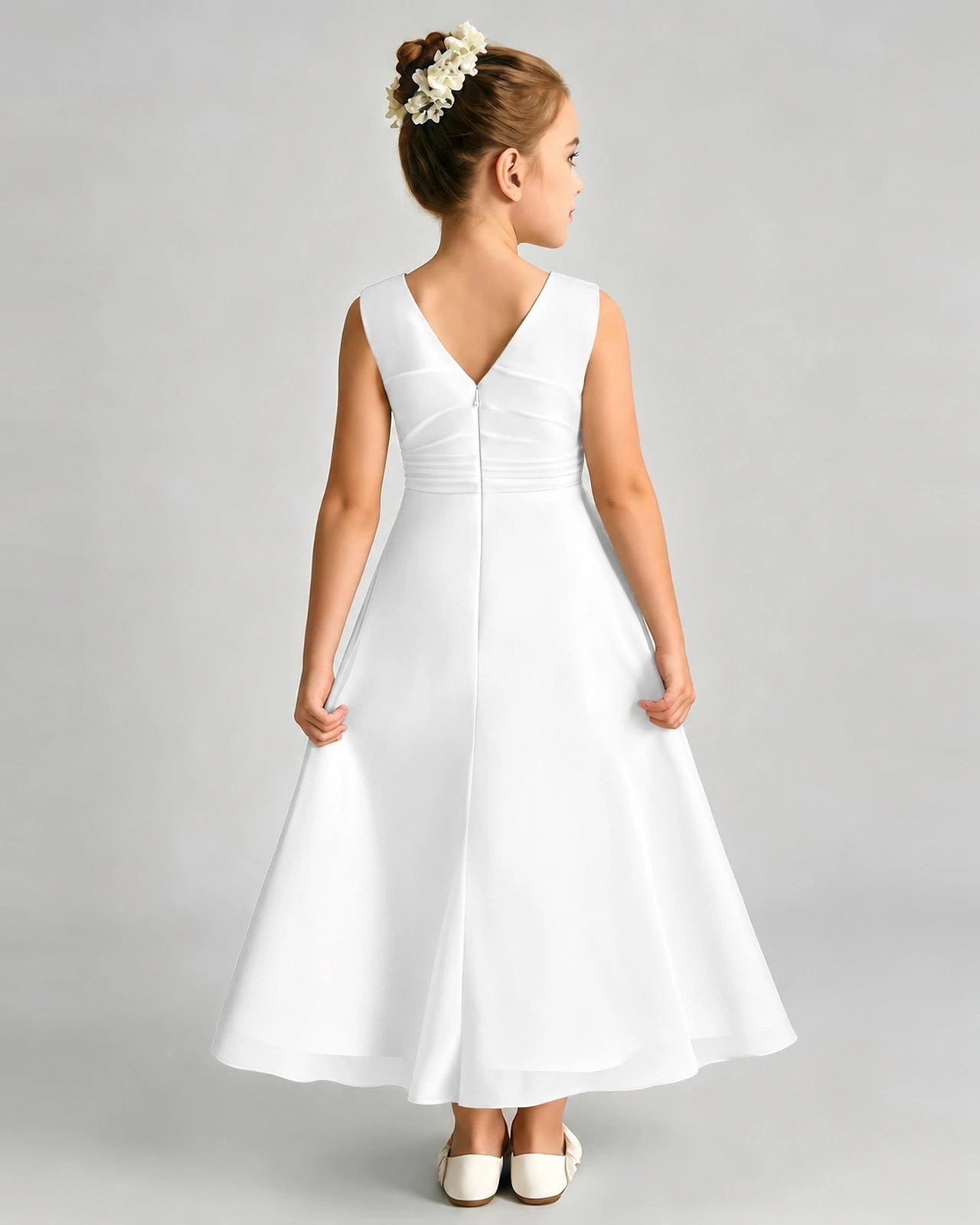 White Junior Bridesmaid Dress Asymmetric Drape V-Back Chiffon Midi Dress Back View