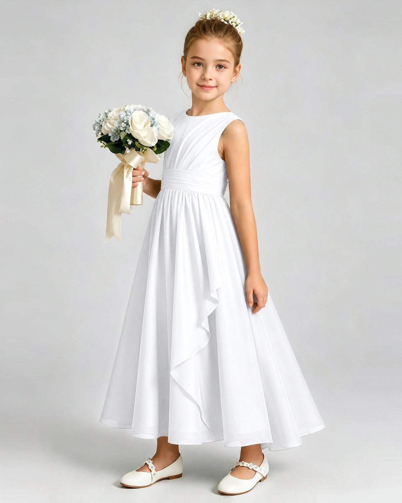 White Junior Bridesmaid Dress Asymmetric Drape V-Back Chiffon Midi Dress Front View