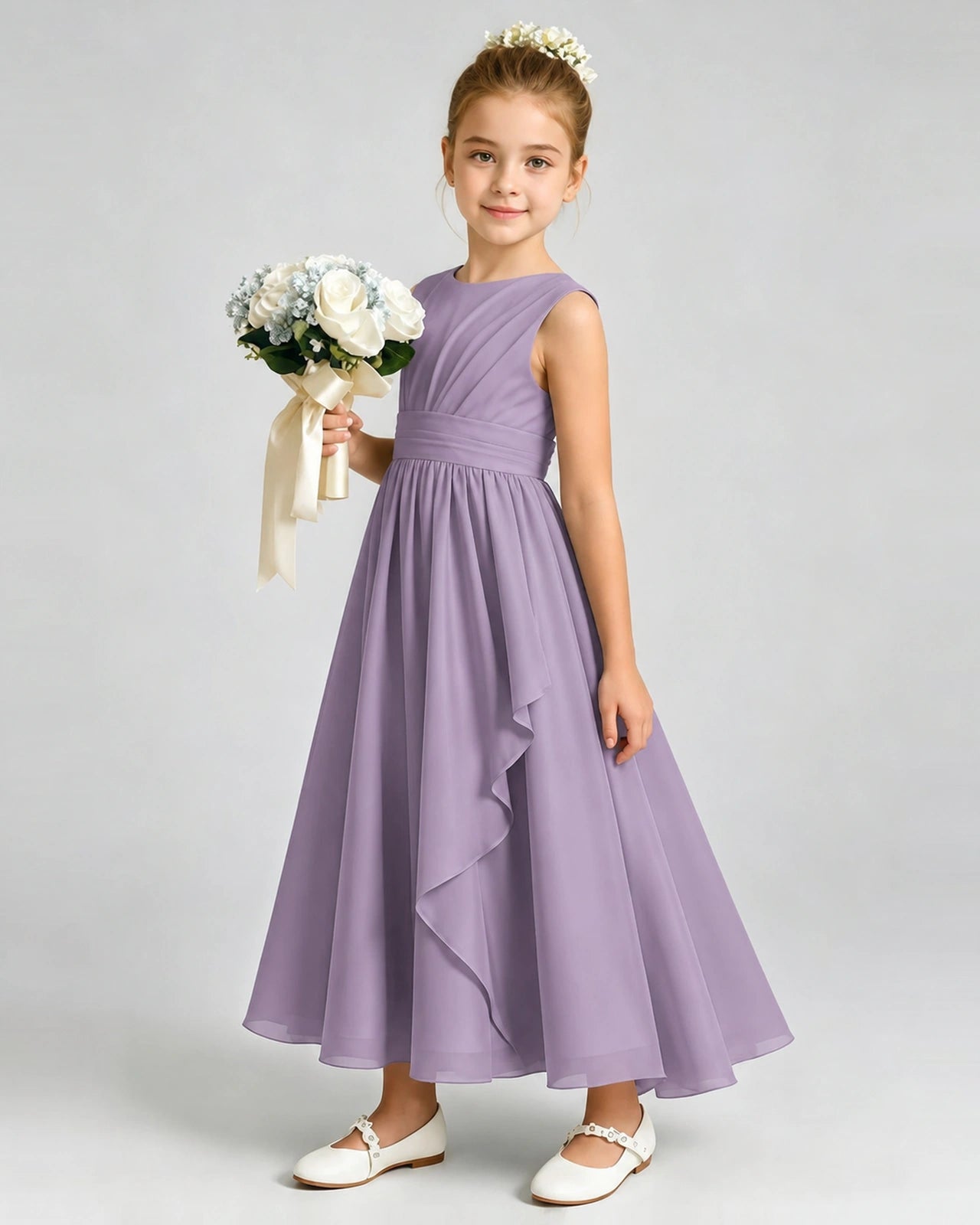 Wisteria Junior Bridesmaid Dress Asymmetric Drape V-Back Chiffon Midi Dress Front View