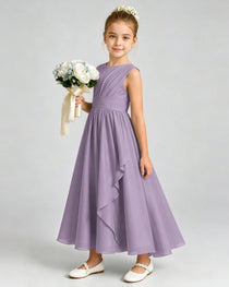 Wisteria Junior Bridesmaid Dress Asymmetric Drape V-Back Chiffon Midi Dress Front View