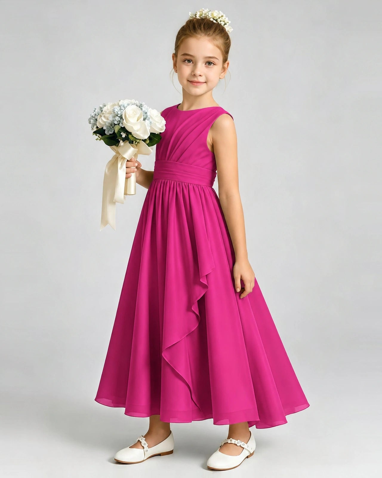 Hot Pink Junior Bridesmaid Dress Asymmetric Drape V-Back Chiffon Midi Dress Front View