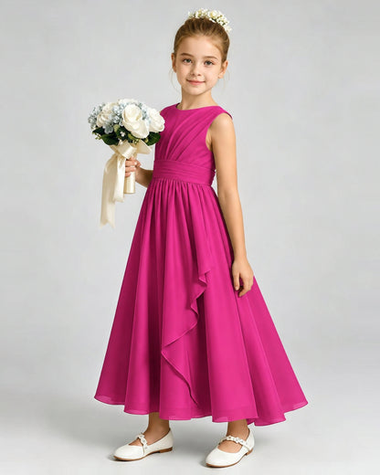 Hot Pink Junior Bridesmaid Dress Asymmetric Drape V-Back Chiffon Midi Dress Front View