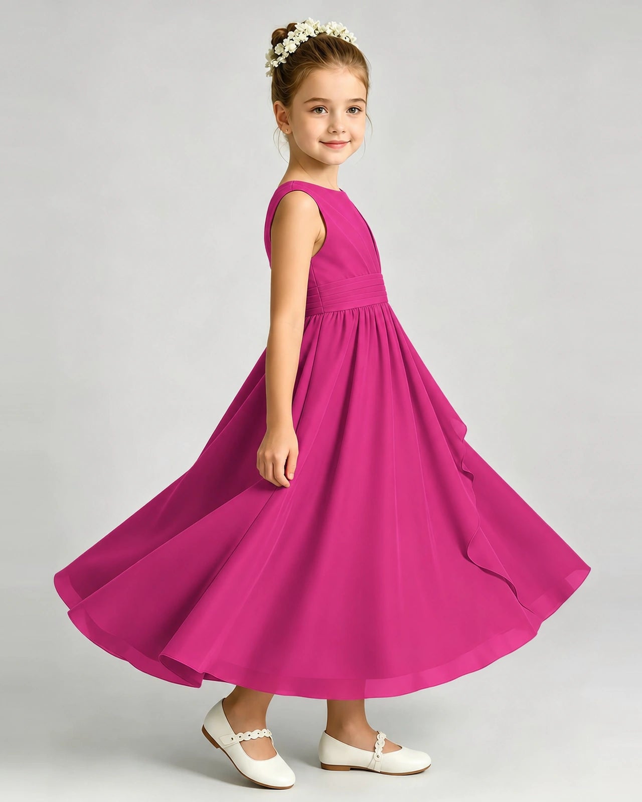 Hot Pink Junior Bridesmaid Dress Asymmetric Drape V-Back Chiffon Midi Dress Side View