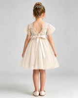Champagne Tulle A-line Flower Girl Dress Back View