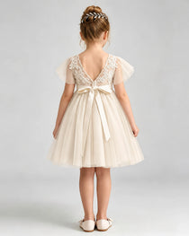 Champagne Flower Girl Dress Flutter Sleeve Lace Bow Tulle Knee-Length Dress Back View