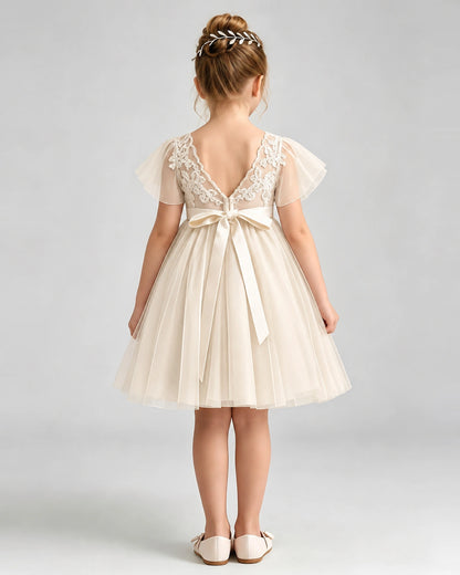 Champagne Flower Girl Dress Flutter Sleeve Lace Bow Tulle Knee-Length Dress Back View