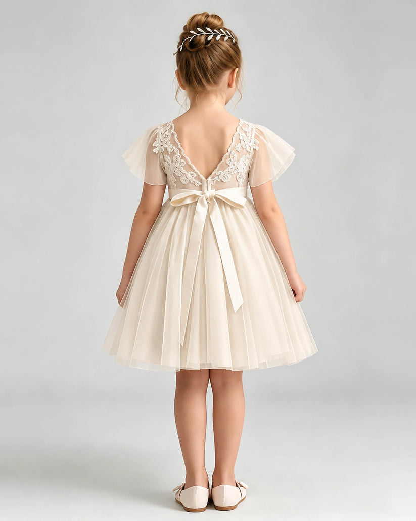 Champagne Tulle A-line Flower Girl Dress Back View