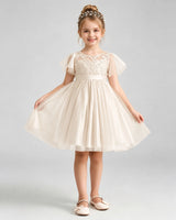 Champagne Tulle A-line Flower Girl Dress Front View