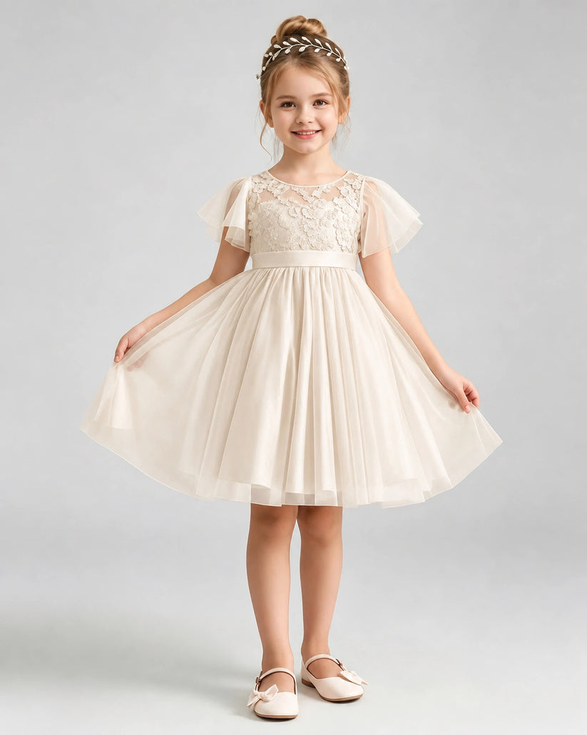 Champagne Tulle A-line Flower Girl Dress Front View
