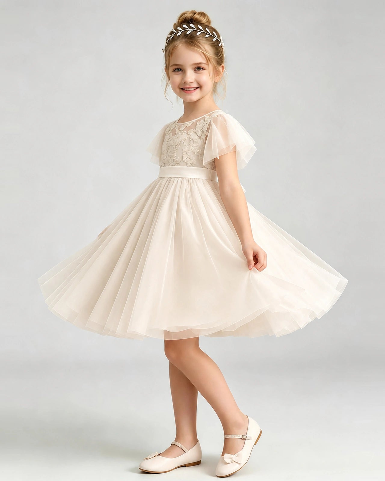Champagne Flower Girl Dress Flutter Sleeve Lace Bow Tulle Knee-Length Dress Side View