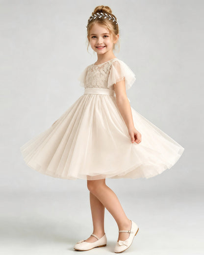 Champagne Flower Girl Dress Flutter Sleeve Lace Bow Tulle Knee-Length Dress Side View