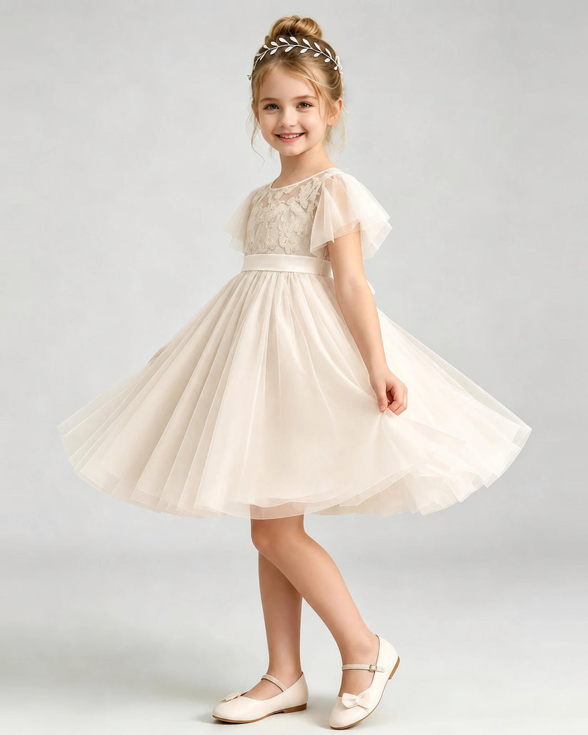 Champagne Tulle A-line Flower Girl Dress Side View