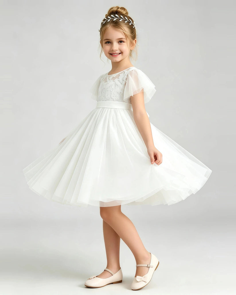 Ivory Tulle A-line Flower Girl Dress Side View