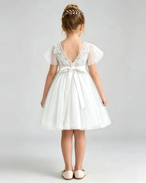 Ivory Flower Girl Dress Flutter Sleeve Lace Bow Tulle Knee-Length Dress Back View