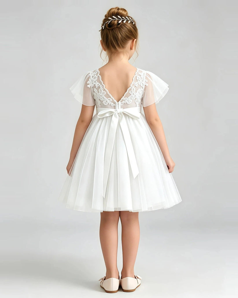 Ivory Tulle A-line Flower Girl Dress Back View