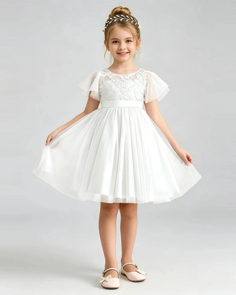 Ivory Tulle A-line Flower Girl Dress Front View