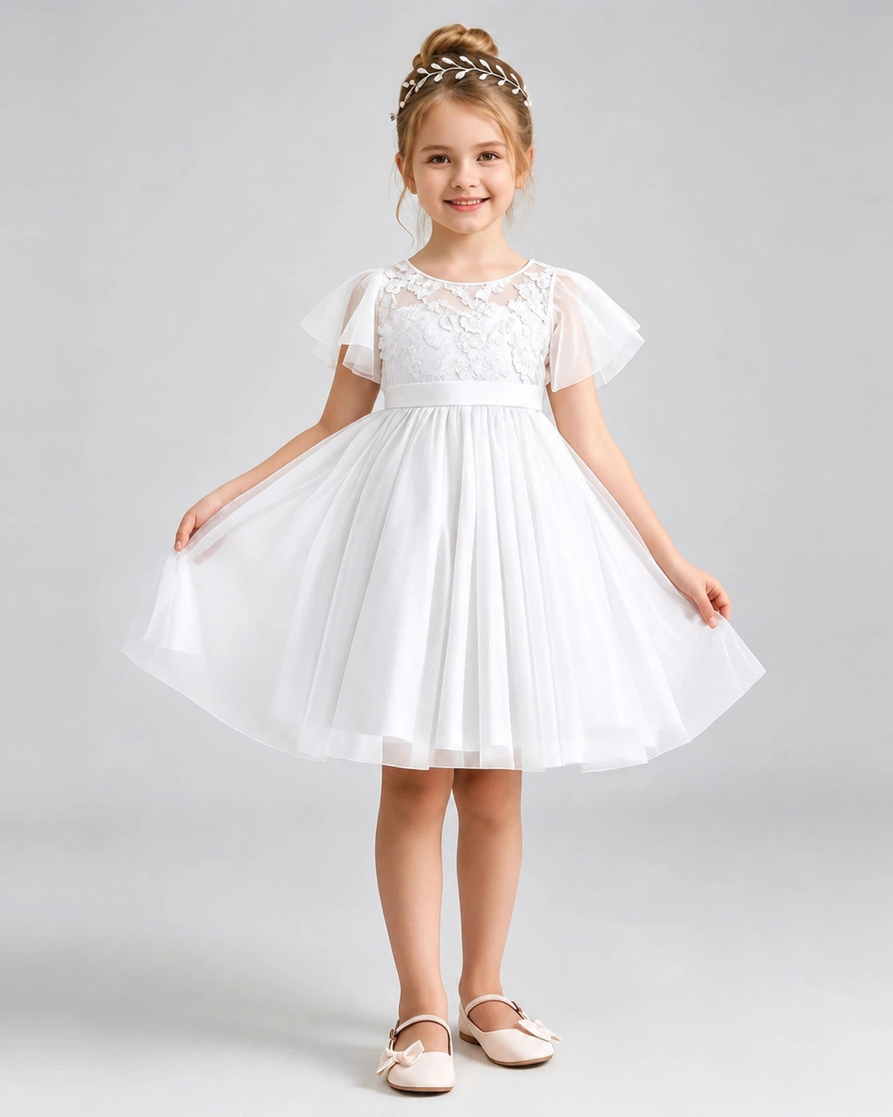 White Flower Girl Dress Flutter Sleeve Lace Bow Tulle Knee-Length Dress Front View
