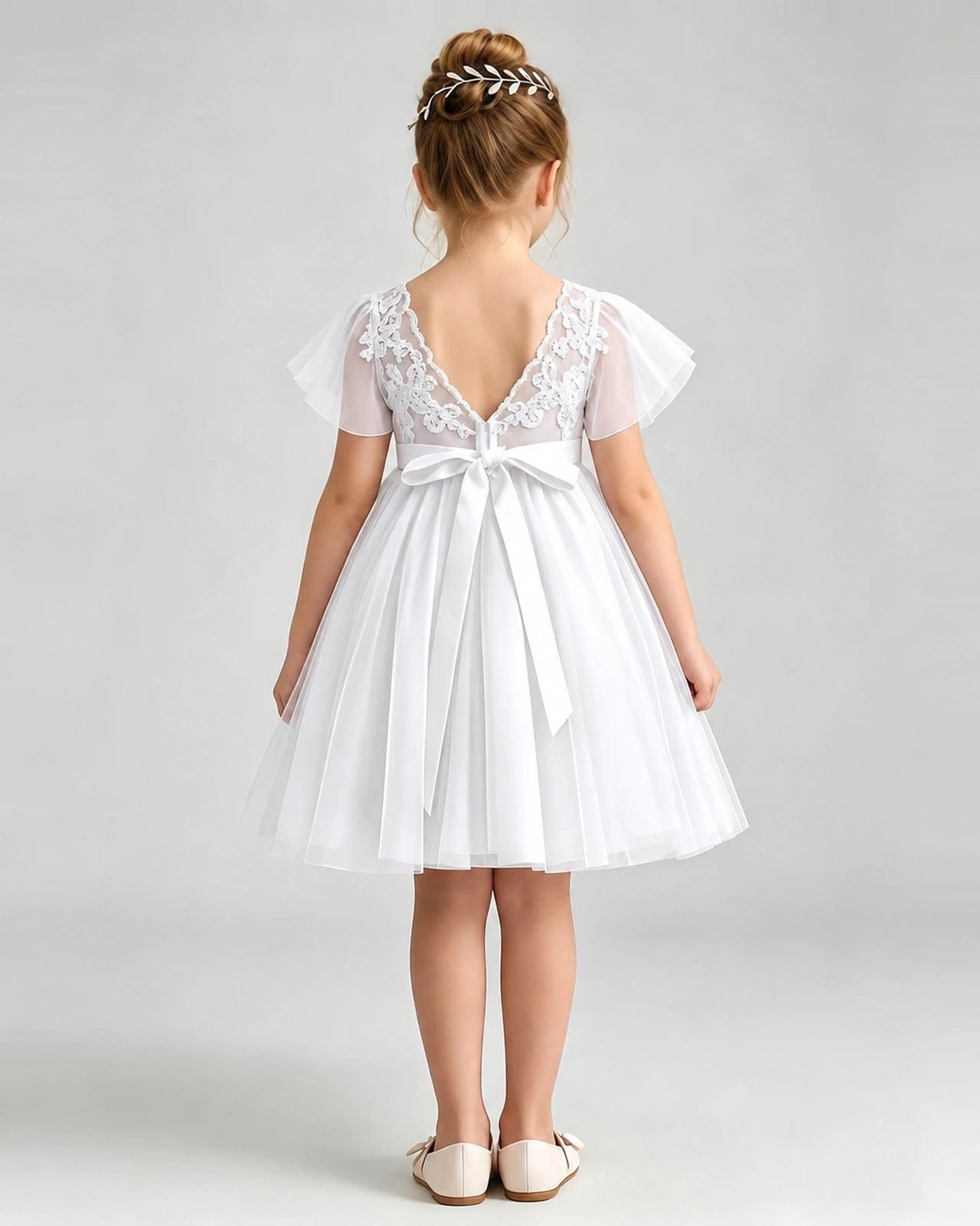 Dideyttawl White Flower Girl Dress Flutter Sleeve Lace Bow Tulle Knee-Length Dress Zweitbild