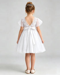 White Flower Girl Dress Flutter Sleeve Lace Bow Tulle Knee-Length Dress Back View