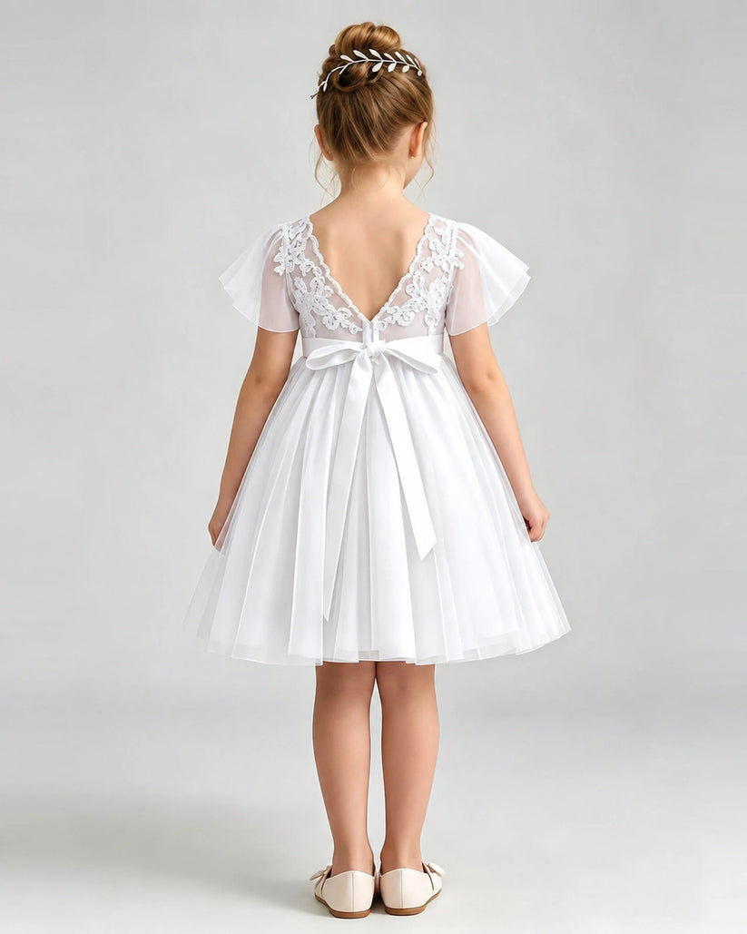 White Tulle A-line Flower Girl Dress Back View
