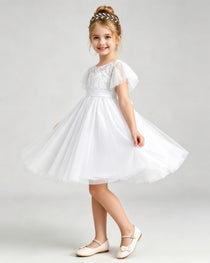 White Flower Girl Dress Flutter Sleeve Lace Bow Tulle Knee-Length Dress Side View