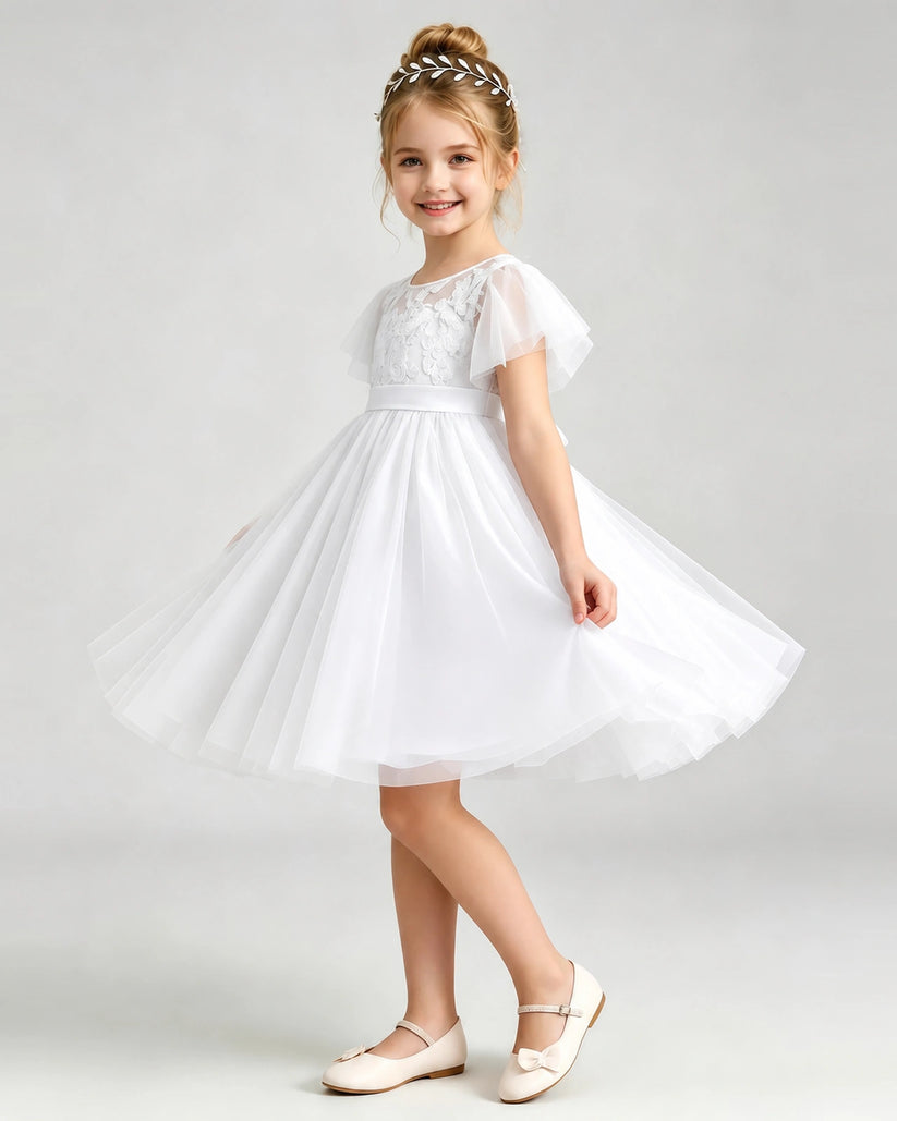 White Tulle A-line Flower Girl Dress Side View