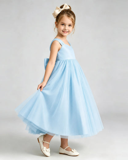 Baby Blue Flower Girl Dress Sweetheart Neck V-Back Bow Tulle Midi Dress Side View