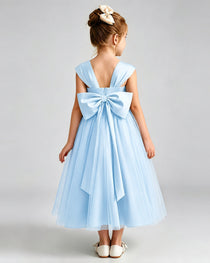 Baby Blue Flower Girl Dress Sweetheart Neck V-Back Bow Tulle Midi Dress Back View
