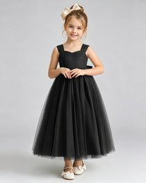 Black Flower Girl Dress Sweetheart Neck V-Back Bow Tulle Midi Dress Front View