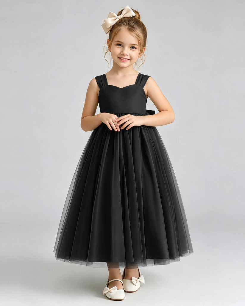 Black Tulle A-line Flower Girl Dress Front View