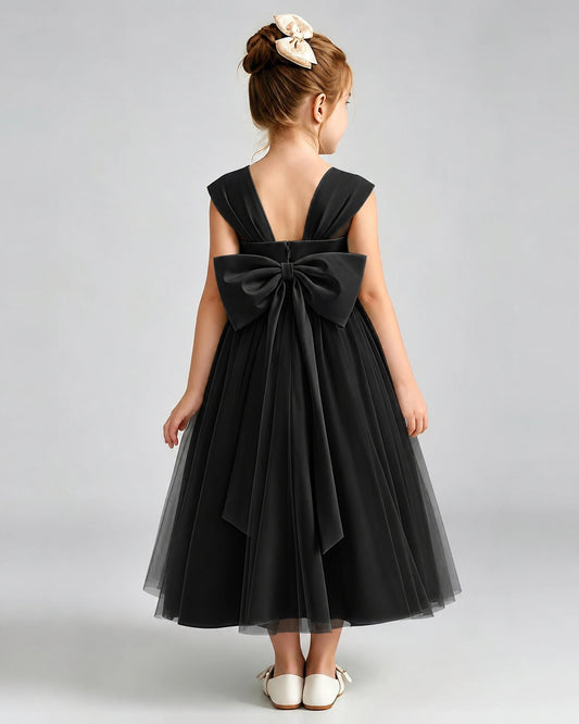 Black Tulle A-line Flower Girl Dress Back View