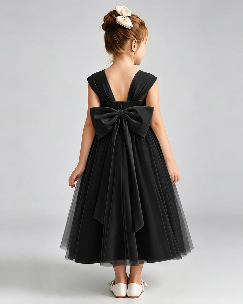 Black Tulle A-line Flower Girl Dress Back View