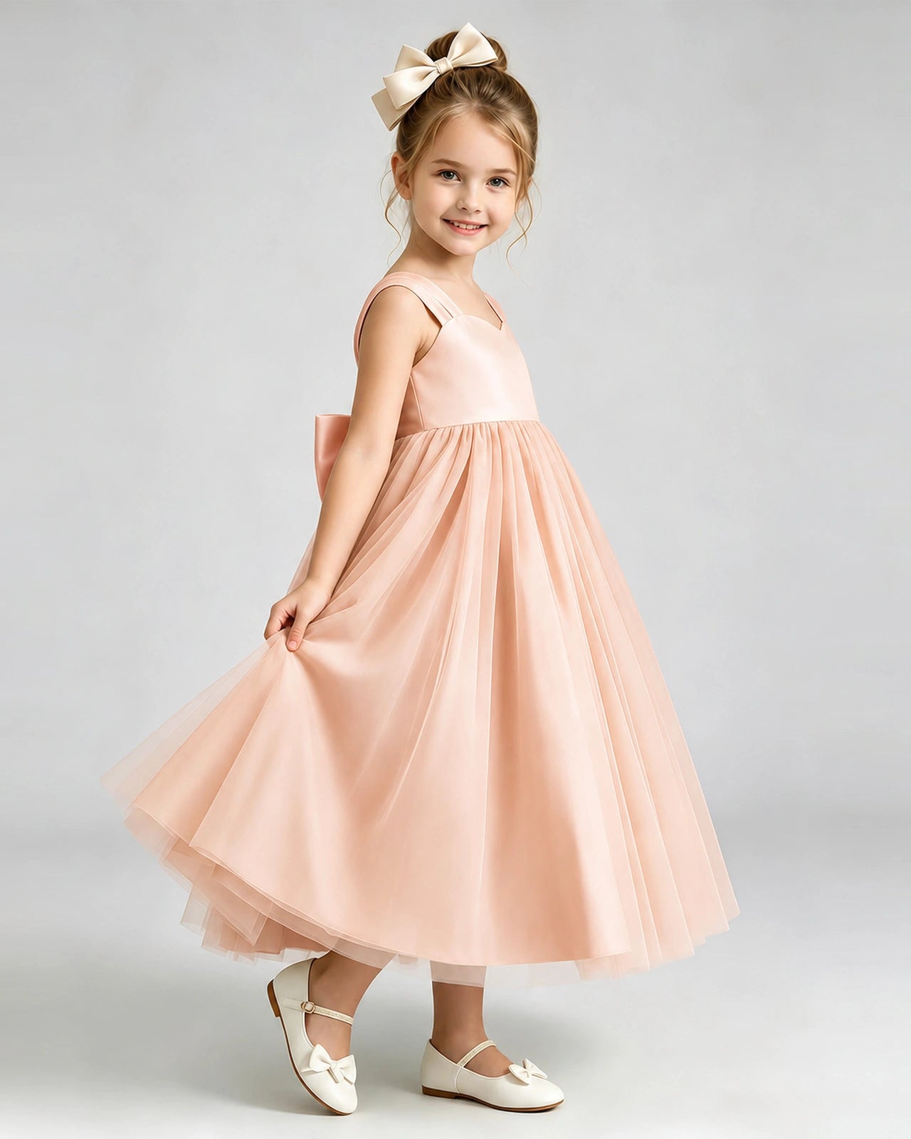 Blush Pink Flower Girl Dress Sweetheart Neck V-Back Bow Tulle Midi Dress Side View