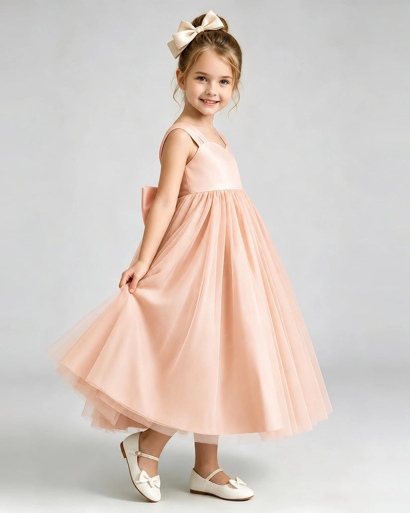 Blush Pink Tulle A-line Flower Girl Dress Side View