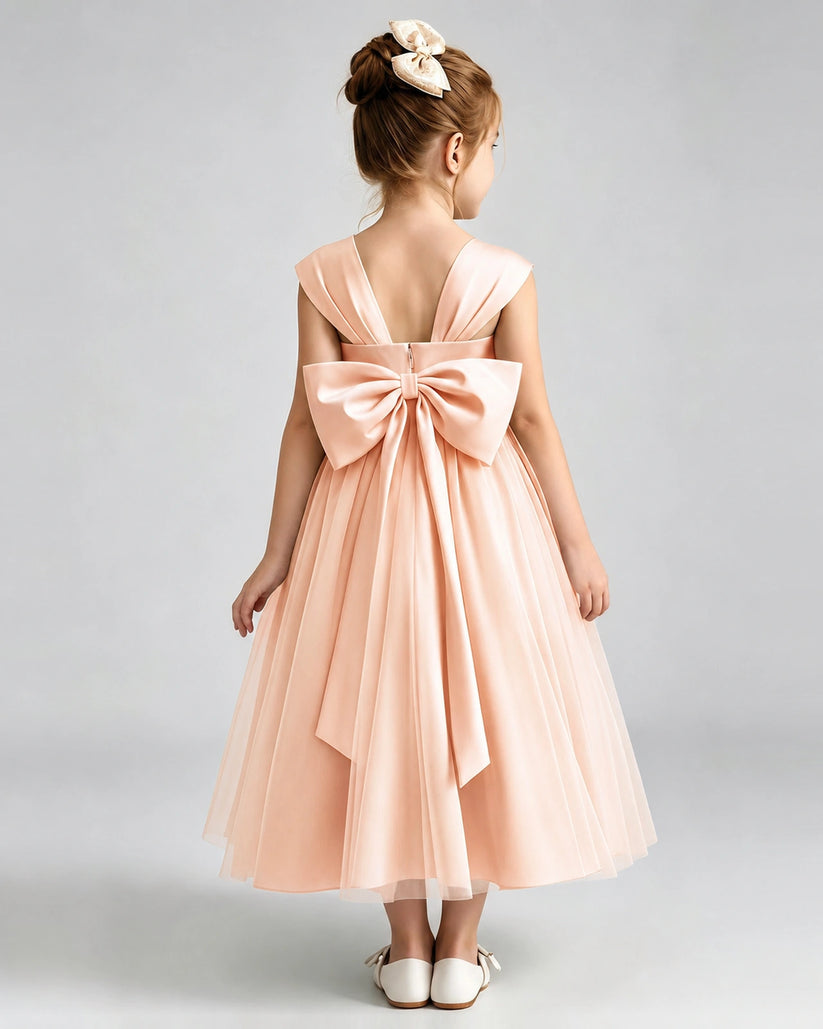 Blush Pink Satin A-line Flower Girl Dress Back View