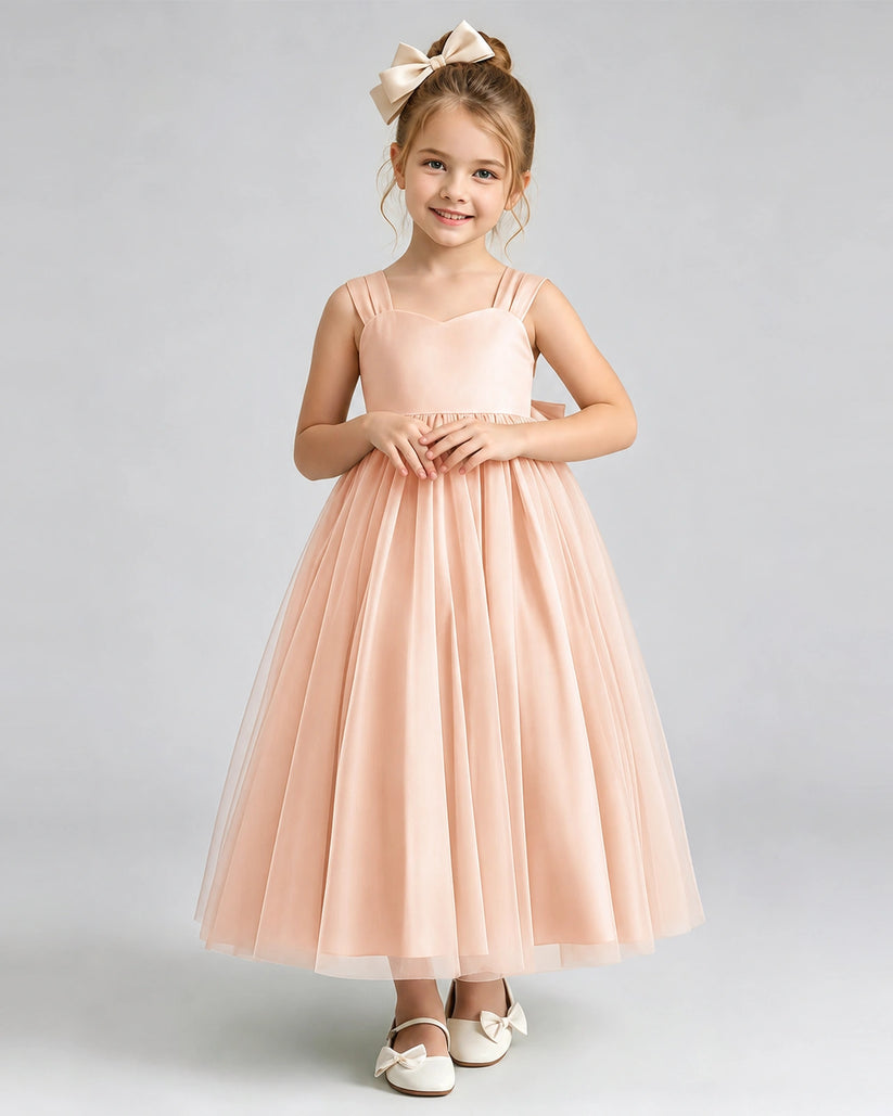Blush Pink Tulle A-line Flower Girl Dress Front View