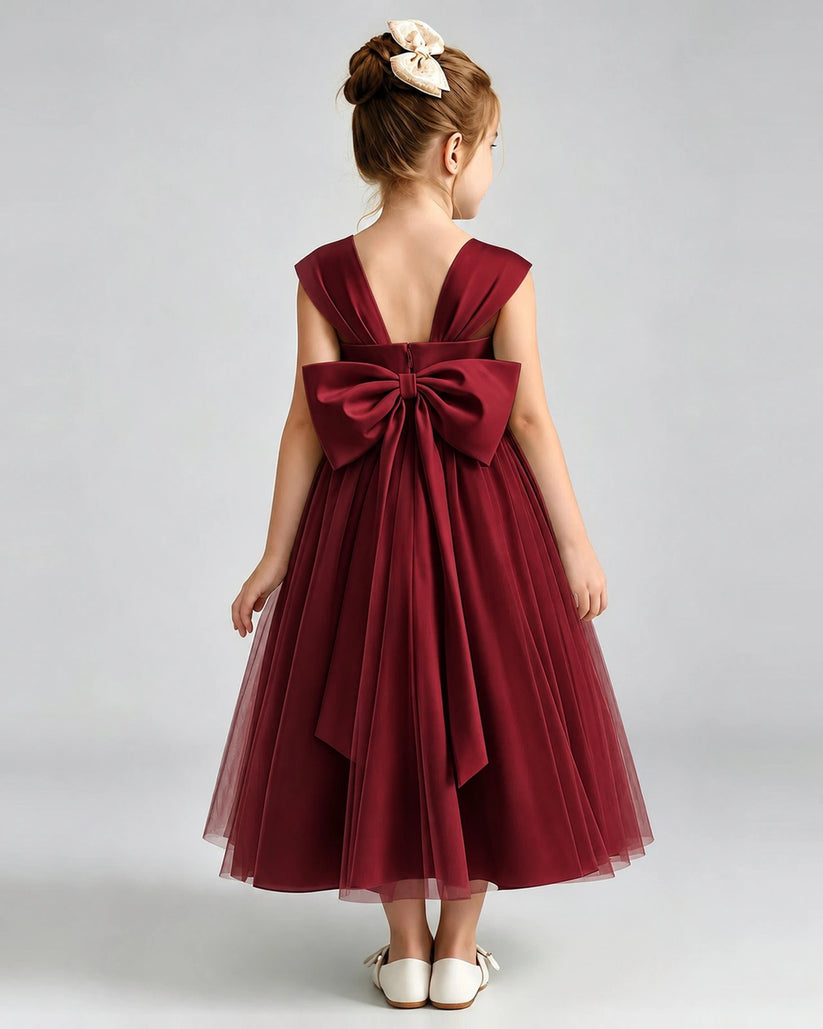 Burgundy Tulle A-line Flower Girl Dress Back View