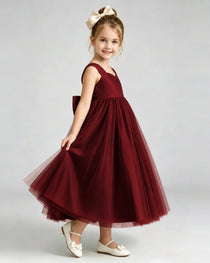 Dideyttawl Sage Green Flower Girl Dress Sweetheart Neck V-Back Bow Tulle Midi Dress