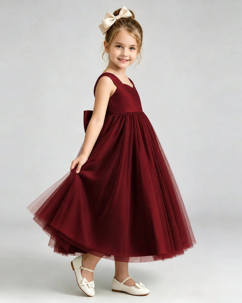Burgundy Tulle A-line Flower Girl Dress Side View