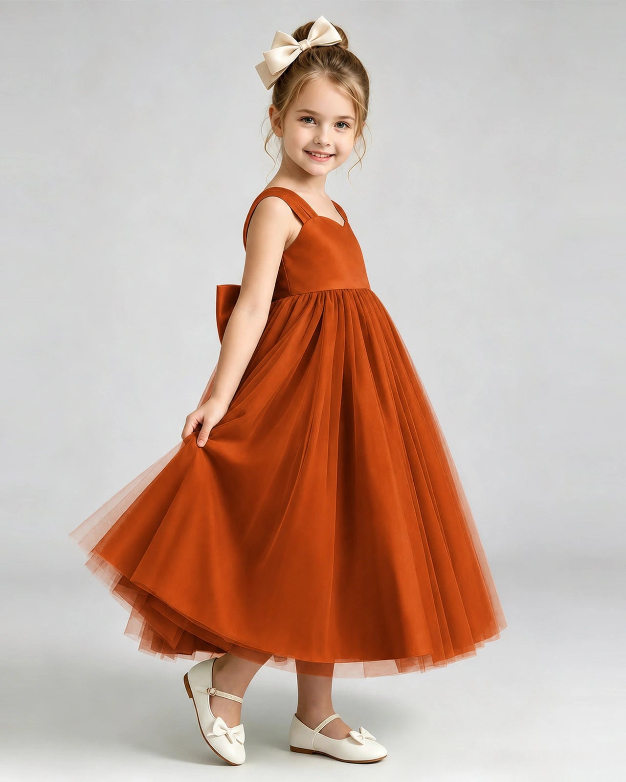 Burnt Orange Flower Girl Dress Sweetheart Neck V-Back Bow Tulle Midi Dress Side View