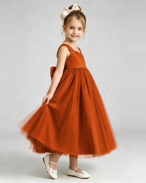 Burnt Orange Flower Girl Dress Sweetheart Neck V-Back Bow Tulle Midi Dress Side View