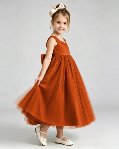 Burnt Orange Flower Girl Dress Sweetheart Neck V-Back Bow Tulle Midi Dress Side View