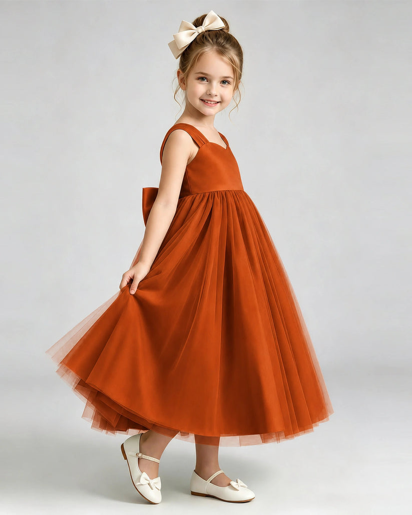 Burnt Orange Tulle A-line Flower Girl Dress Side View