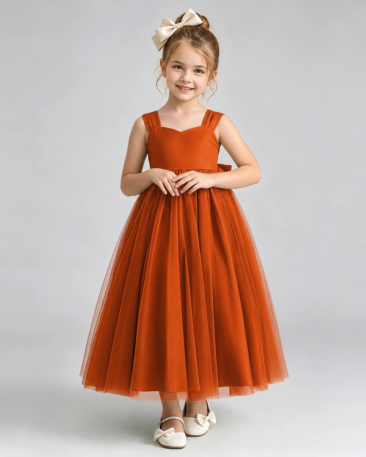 Burnt Orange Flower Girl Dress Sweetheart Neck V-Back Bow Tulle Midi Dress Front View