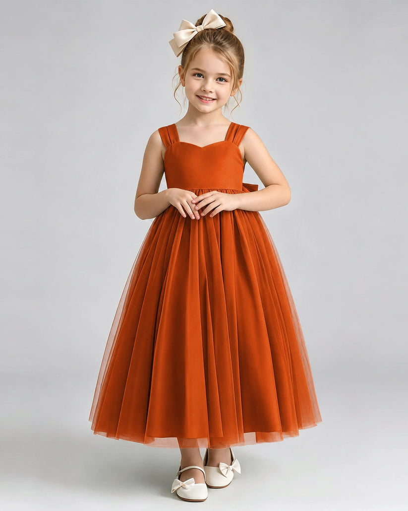 Burnt Orange Tulle A-line Flower Girl Dress Front View