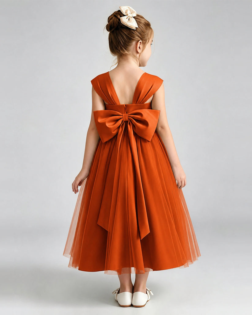 Burnt Orange Satin A-line Flower Girl Dress Back View